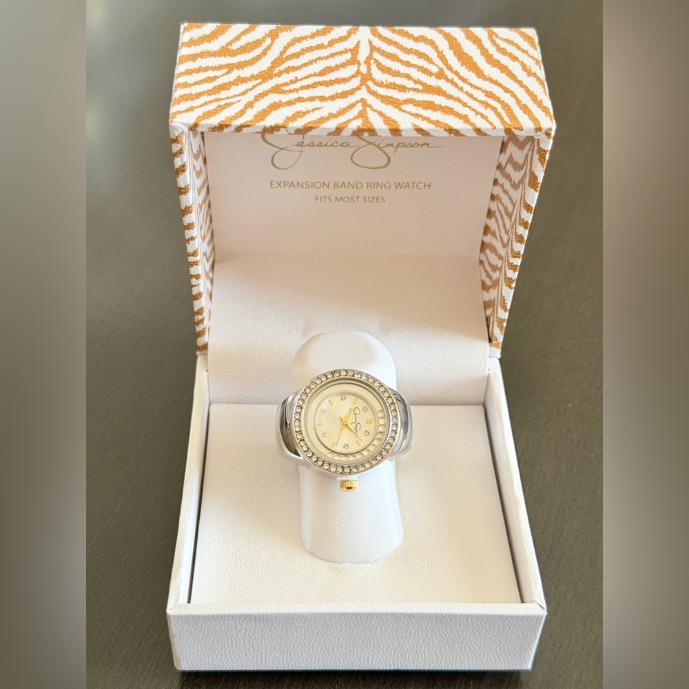 Jessica Simpson Silver Tone Crystal Bezel Stretch Fit Women’s Ring Watch